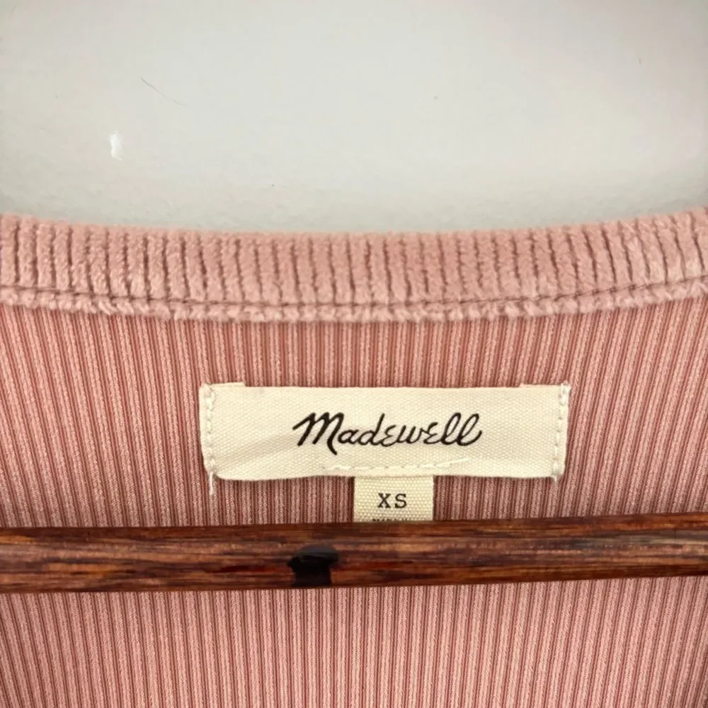 Madewell Ribbed Wrap Top XS Blush Pink Tie Waist Peplum Long Sleeve